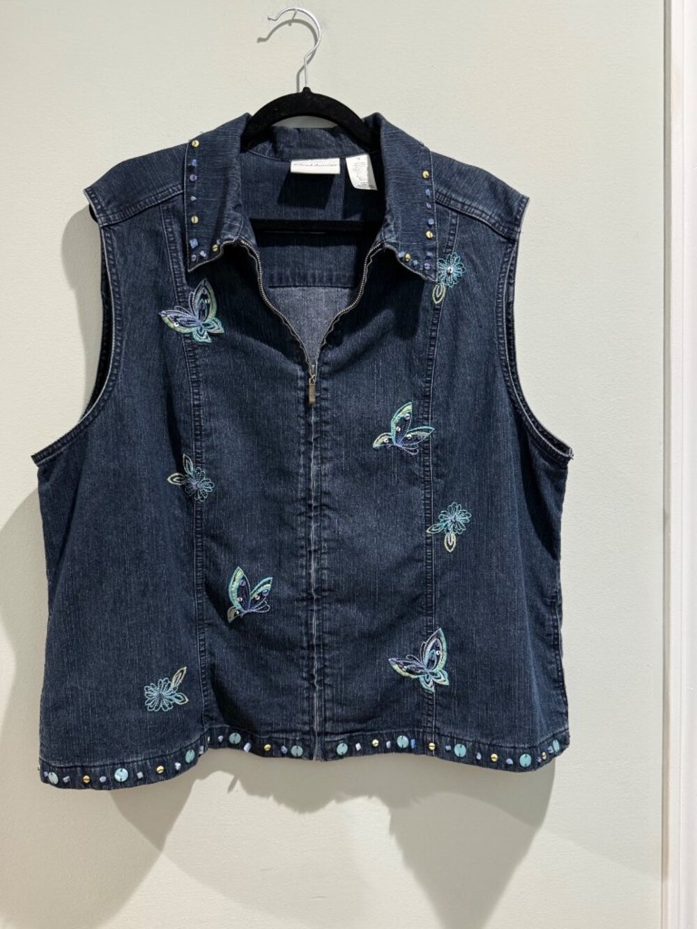 Vintage Y2K Alfred Dunner Butterfly Embroidered Denim Zip Vest Size 18